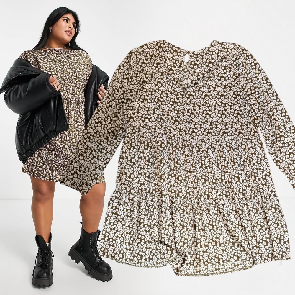 ASOS DESIGN Curve Smock Dress Ditsy Floral Brown US 14